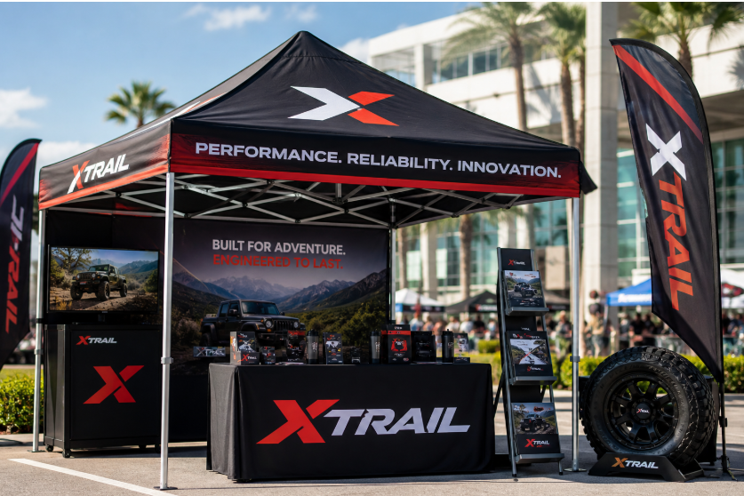 Custom commercial event canopy with bold branding at a crowded outdoor expo showcasing durable weatherproof construction